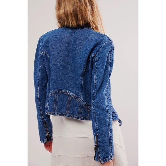 New Free People Fast Lane Denim Moto Jean Jacket We The Free in Blue Jean - Picture 7 of 8